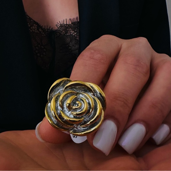 New Gold Plated Ring Flower Silver Boho Statement - Picture 7 of 10